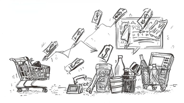 sketch an image for my blog in black and white about inflation, something consumer related